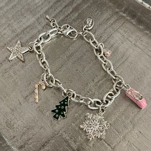 Ice! Silvertone Christmas Holiday Tree Snowflake Candy Cane Charm Bracelet